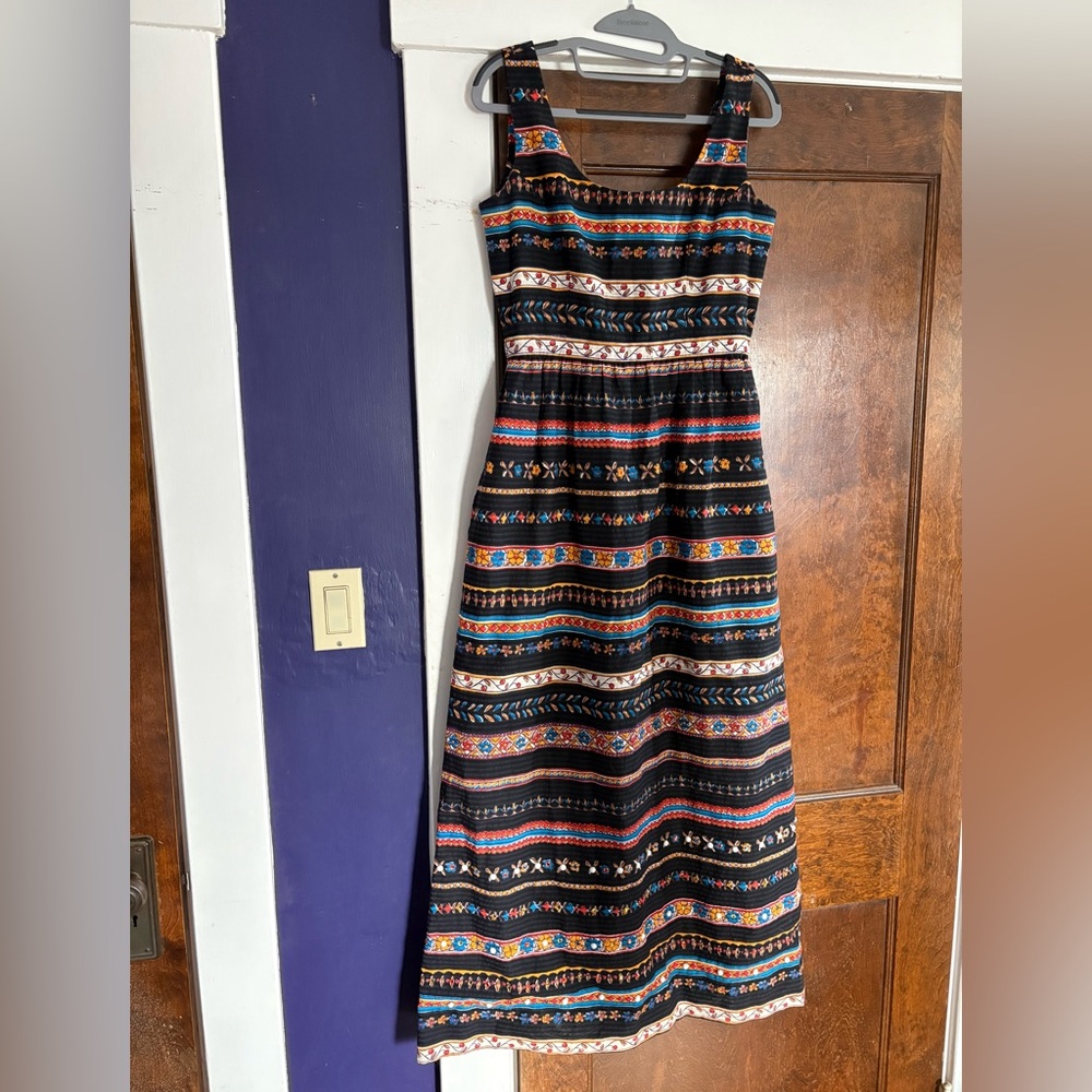 VTG 60s Seersucker Black Maxi Dress Colorful Floral Boho Ethnic Stripe Pattern